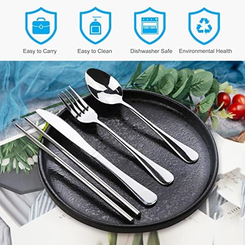 10PCS Portable Silverware Set with Case, Lengnoyp Travel Camping Utensils Set, Premium Stainless Steel Travel Cutlery Set, Reusable Safe Flatware Sets for Lunch Box/Workplace/Students, Silver