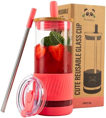 Pandaloo® Glass Cups With Lids and Straws -20 Fl Oz- Perfect Size Iced Coffee Cup - Smoothie Cup With Bamboo Lid and On the go Lid - Glass Tumbler With Straw (1 Count (Pack of 1), Coral)