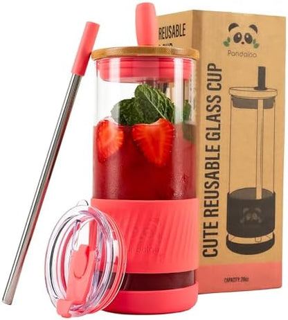 Pandaloo® Glass Cups With Lids and Straws -20 Fl Oz- Perfect Size Iced Coffee Cup - Smoothie Cup With Bamboo Lid and On the go Lid - Glass Tumbler With Straw (1 Count (Pack of 1), Coral)