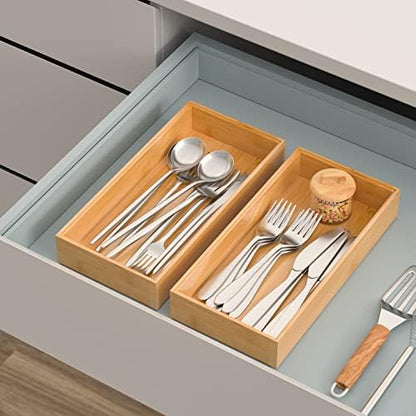VeyFey Silverware Tray for Drawer, Stackable Kitchen Bamboo Drawer Organizer 12" x 6" x 2" Set of 2
