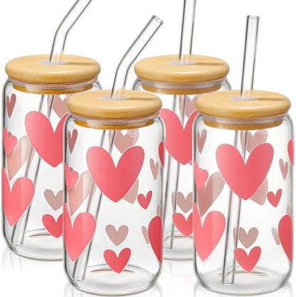 DWTS DANWEITESI Glass Cups with Lids and Straws with Design Pink Hearts 4 pcs,Clear Glass Cups 16 oz-Glass Tumbler,Cute Glass Iced Coffee Cups with Lids and Straws 480ml