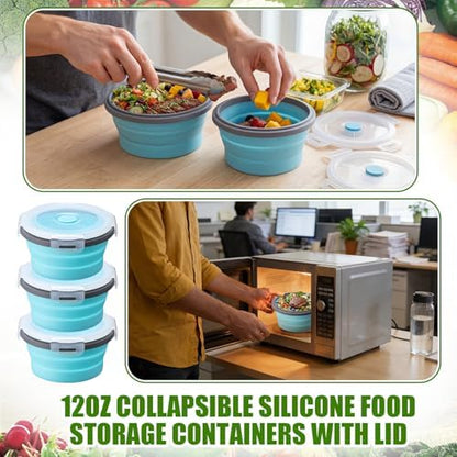 Domensi 12 Pcs Collapsible Bowls with Lids Silicone Camping Food Storage Container Foldable Expandable Folding Salad Lunch Box Leakproof Travel Container for Back to School Hiking Camping, Blue
