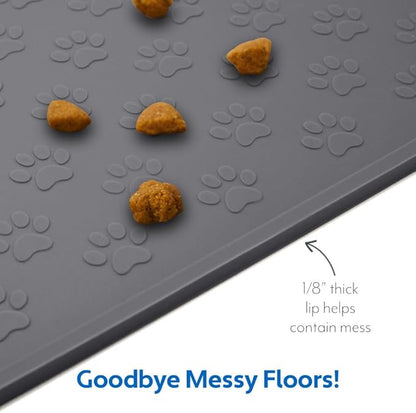 MIGHTY MONKEY 100% Waterproof Dog Food Mat, Raised Edges Silicone Pet Feeding Placemat for Cat, Dogs, Pet Bowls, High Lipped Tray Prevents Water Spills, Food on Floor, Dishwasher Safe, 18x12, Gray