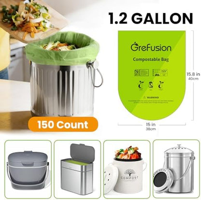 GreFusion Compostable Trash Bags for Kitchen Compost Bin 1.2 Gallon,150 Count,Compost Bags Small for Food Scrap Waste Bags for Countertop Bin Certified by BPI,ASTM D6400 and OK Compost
