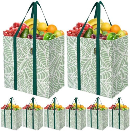 BALEINE 8 PK Grocery Bags Reusable Shopping Bags with Reinforced Bottom, Heavy Duty Foldable Tote Bags (Antique Folidage)