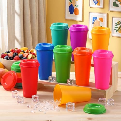 Honeydak 45 Pack 16 oz Reusable Coffee Cups with Lids Water Bottle Iced Coffee Travel Mug Reusable Portable Plastic Tea Tumblers Bulk for Hot and Cold Drinks Birthdays Party (Classic,Rich Colors)