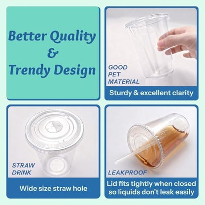 Homestockplus 15 oz Clear PET Plastic Cups with Lids and Straws - 100 Pack Leak-Proof Disposable Plastic Coffee Cups Iced Coffee Cups for Smoothies, Bubble Tea & To-Go Cold Drinks