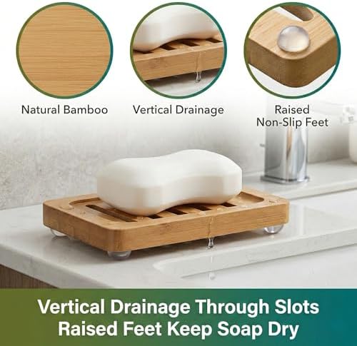 Bamboo Soap Dish with Drainage, 2 Pack Slotted Self Draining Bar Soap Holder, Acacia Finish for Shower, Bathroom Sink & Kitchen Countertop