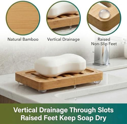 Bamboo Soap Dish with Drainage, 2 Pack Slotted Self Draining Bar Soap Holder, Acacia Finish for Shower, Bathroom Sink & Kitchen Countertop