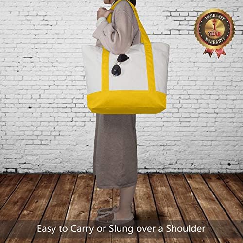 TOPDesign 1-Pack Canvas Tote Bag with an External Pocket, Reusable Grocery Shopping Bag, Top Zipper Closure, Daily Essentials (Yellow/Natural)