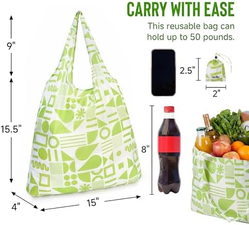 Stelle Lightweight Reusable Grocery Bag with Handles Ripstop Nylon Foldable Tote Shopping Bags for Travel and Groceries
