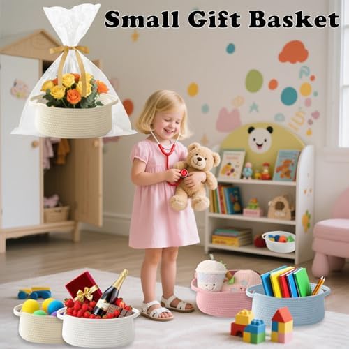 Cream Woven Rope Basket,Baby Gift Basket with Bag & Ribbon