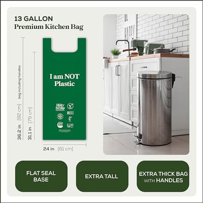 Extra Large Compostable Trash Bags - 13 Gallon, 60 Pack | Plastic-Free & Decomposing Tall Kitchen Garbage Bags & Liners with Easy-Tie Handles | Thick Bin Bags for Green & Food Waste