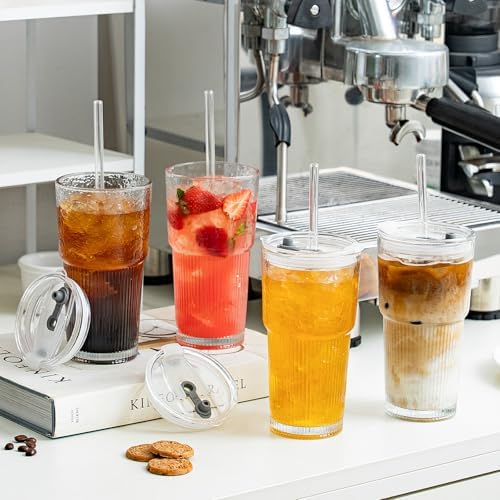 SoulTimes 20oz Wave Ribbed Glass Tumbler with Lid and Straw – Iced Coffee Glasses Cups for Smoothie, Matcha, Juice, Water etc. Leakproof and Reusable Glassware Drinking for Daily & Travel To Go [6Pcs]