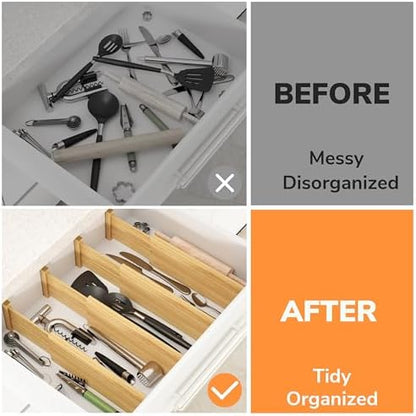 BAMEOS Bamboo Expandable Drawer Dividers – Fits 12.2"–17" Drawers, 4" Extra Deep Walls, Set of 4 | Tall Spring-Loaded Separator for Baby Dresser, Sock Drawer & Bathroom Cabinet