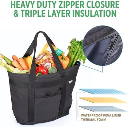 Jumbo Insulated Cooler Bag - Heavy Duty Soft Insulated Grocery Bag (Black)