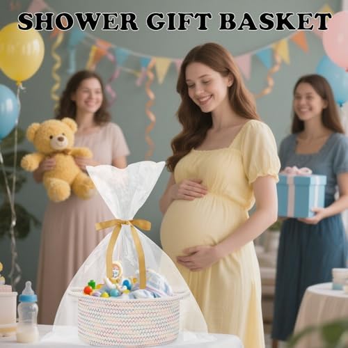 Small Woven Rope Basket,Baby Gift Basket with Bag & Ribbon