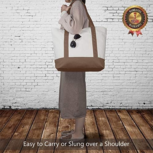 TOPDesign 30-Pack Canvas Tote Bags with an External Pocket, Reusable Grocery Shopping Bags, Top Zipper Closure, Daily Essentials (Brown/Natural)