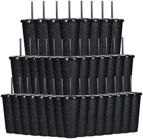 Suertestarry Tumbler with Straw and Lid,Water Bottle Iced Coffee Travel Mug Cup,Reusable Plastic Cups,Perfect for Parties,Birthdays… (Black Glitter, 36 pack)