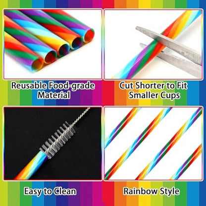 JANYUN 30 Pieces Rainbow Drinking Straws, 9inch Hard Platic Reusable Straws LGBT Gay Pride Colorful Rainbow Striped Straw for Pride Party Favors Decorations with Cleaning Brush