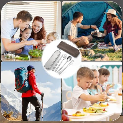 Travel cutlery set, 18/8 stainless steel cutlery, Reusable utensils set with case, Portable Silverware Lunch Box for Camping and Office (Stainless Steel)