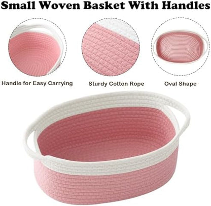 Woven Rope Basket - Baby Gift Basket with Bag & Ribbon, White&Pink