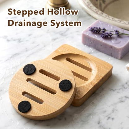 2 Pcs Bamboo Soap Holder, Wood Soap Dish (Round and Square)