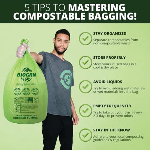 10-13 Gallon Compostable Trash Bags with Flat-Top 50 Bags Thick 0.87 Mil Leakproof Plant-based Tall Kitchen Wet Food Scrap Waste, ASTM D6400, US BPI and OK Compost Home Certified