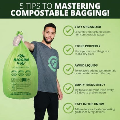 10-13 Gallon Compostable Trash Bags with Flat-Top 50 Bags Thick 0.87 Mil Leakproof Plant-based Tall Kitchen Wet Food Scrap Waste, ASTM D6400, US BPI and OK Compost Home Certified