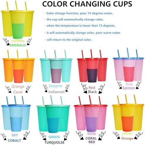 Color Changing Cups, 9 Pack 24oz Plastic Tumblers, Reusable Iced Coffee & Smoothie Cups with Lids and Straws for Parties and Travel (Colors, 9 Packs)