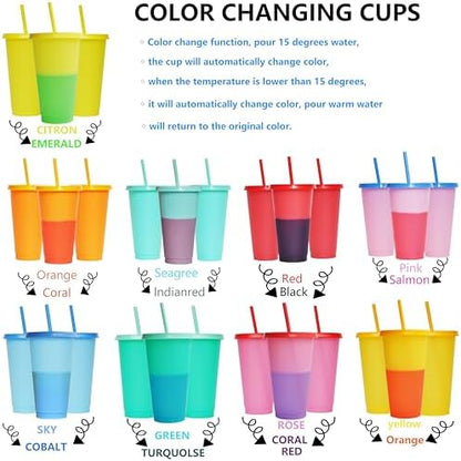 Color Changing Cups, 9 Pack 24oz Plastic Tumblers, Reusable Iced Coffee & Smoothie Cups with Lids and Straws for Parties and Travel (Colors, 9 Packs)