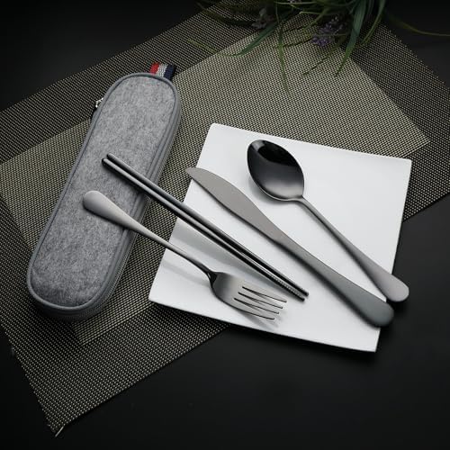 DEVICO Travel Utensils with Case, 5 Piece Portable Silverware Set for Work