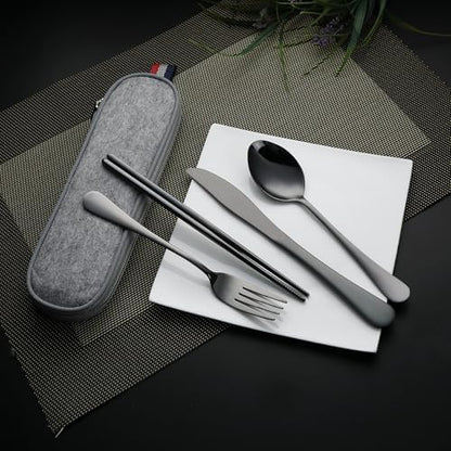 DEVICO Travel Utensils with Case, 5 Piece Portable Silverware Set for Work