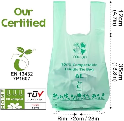 1.6 Gallon Tie Handles Compost Trash Bags 120 Food Scrap Bags, Compostable Kitchen Waste Bags with Europe EN13432 & ASTM D6400 Certified