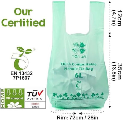 1.6 Gallon Tie Handles Compost Trash Bags 120 Food Scrap Bags, Compostable Kitchen Waste Bags with Europe EN13432 & ASTM D6400 Certified