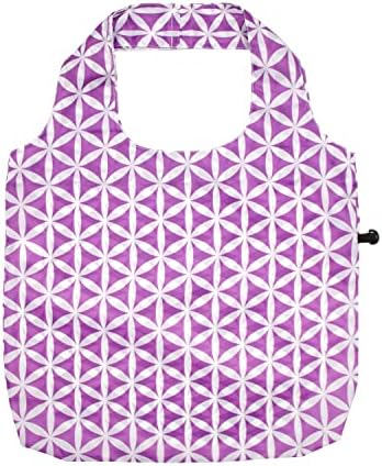 HOLYLUCK Reusable Grocery Bags,Heavy Duty Foldable Shopping Tote Bag (Standard, 3 Purple Geometric Flowers)