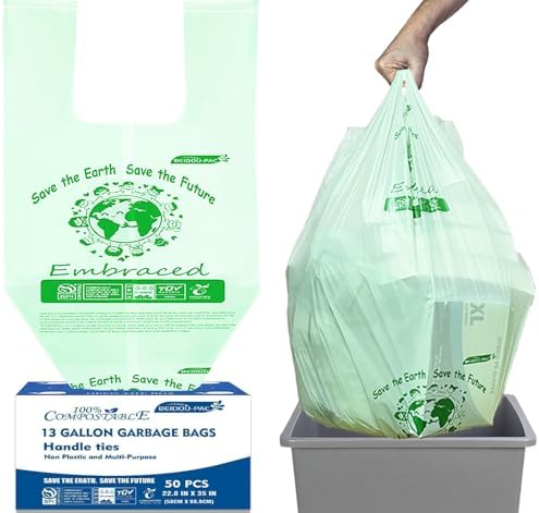 BEIDOU-PAC 13 Gallon Compostable Tall Kitchen Trash Bags with Handle, 50 Count, Sturdy Garbage Bags for Food Scrap Waste, ASTM D6400, US BPI Certified