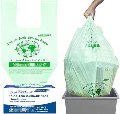 BEIDOU-PAC 13 Gallon Compostable Tall Kitchen Trash Bags with Handle, 50 Count, Sturdy Garbage Bags for Food Scrap Waste, ASTM D6400, US BPI Certified