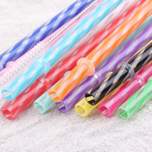 Dakoufish 12 Piece 12 Inch Reusable Plastic Thick Drinking Straws BPA Free Mason Jar Straws Transparent Small Stripe (12inch, Mix 12color)