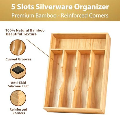 Umilife Bamboo Kitchen Drawer Organizer, 9 Inch Silverware Utensils Tray Holder for Small Drawer, Wood Caddy for Flatware Cutlery Knives