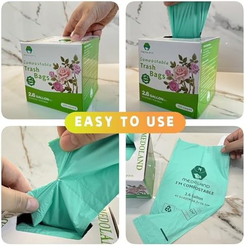 BPI Certified Compostable Trash Bags 13Gallon (30 Count) - 3X Thicker Than Regular, Leak & Tear Resistant for Kitchen/Garden/Food Waste, 90-Day Breakdown in Home/Industrial Use, 0.91mils Plant-Based