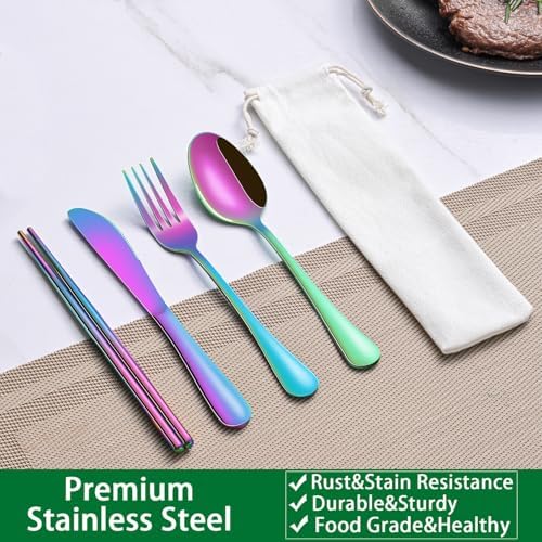 Rainbow Working Lunch Silveware Set,Reusable Travel Utensils Set With Case Includes Stainless Steel Chopsticks Knife Spoon And Fork,Camping Picnic Essentials