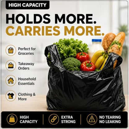 Heavy Duty Black Plastic Shopping Bags with Handles, T-Shirt Grocery Carrier, 12 x 18 x 24 Inch, HDPE for Retail, Convenience Stores and Takeout, 200 Count
