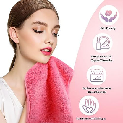 Reusable Makeup Remover Cloths 8 Pack, Ultra Soft Microfiber Facial Cleansing Cloths, Washable Makeup Remover Towels for All Skin Types,13x7 inch,Pink