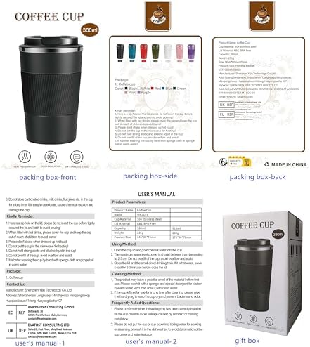 YINJOYI 12oz Travel Coffee Cups Insulated Tumbler Thermal Mug to Go with Lid Leak Proof Reusable Stainless Steel Coffee Mug Spill Proof for Hot and Iced Cold Drinks (Black, 380ml)