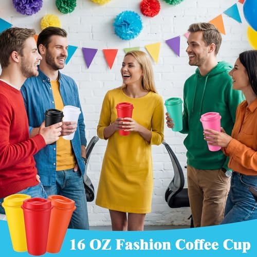 Honeydak 45 Pack 16 oz Reusable Coffee Cups with Lids Water Bottle Iced Coffee Travel Mug Portable Plastic Tea Tumblers Bulk for Hot and Cold Drinks Birthdays Party (Dark Color,Classic)