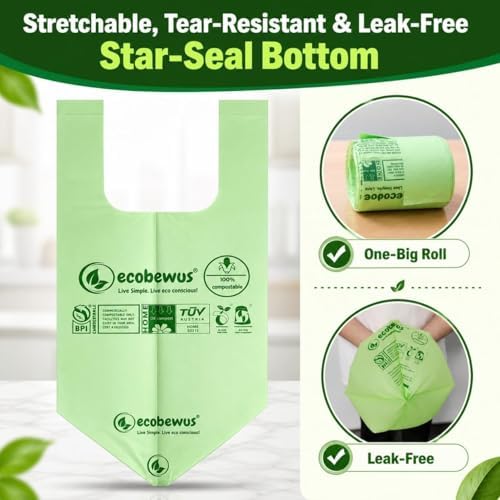 1.6 Gallon Certified Compostable Food Scrap Bags, Handle Tie (120 Bags), Small Kitchen Compostable Trash Bags, BPI Certified, TÜV OK Compost HOME Certified, Meets ASTM D6400 (120 ct.)