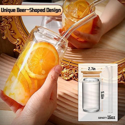 Glass Cups with Lids and Straws 6 pcs, 16 oz-DWTS Cute Tumbler,Beer Drinking Glasses,Clear for Iced Coffee, Tea with Bamboo Lids for Gifts