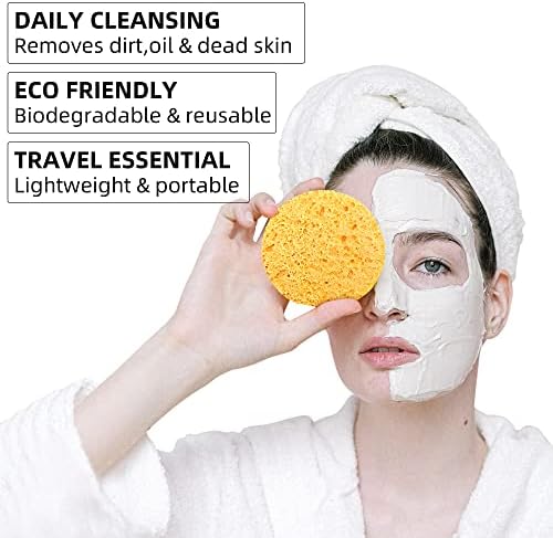 60-Count Compressed Facial Sponges|100% Natural Kickleen Cellulose Cosmetic Spa Sponges for Daily Facial Cleansing|Makeup and Mask Removal | Exfoliating | Skin Massage | Pore Exfoliation (Yellow)
