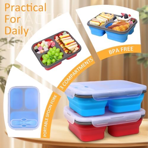 Big Collapsible Silicone Bento Lunch Box, 2 Pack with 3 Compartments Each,45.6oz Food Storage Containers with Spoons Forks, Portable for Work, Picnic, Travel, BPA Free
